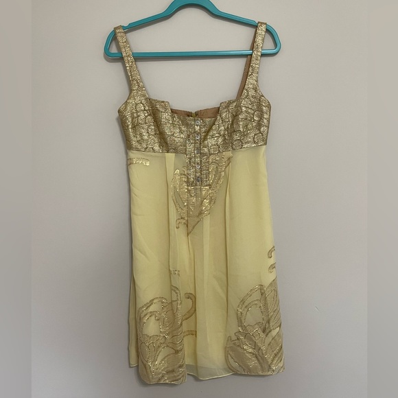 Vintage NICOLE MILLER Baby Doll Empire Waist Gold Silk Dress Size 6 - Picture 2 of 8